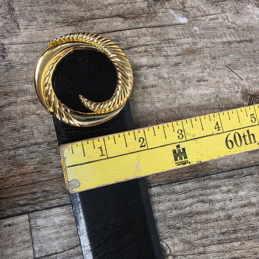 VINT Black Buffalo Calf Waist Leather Belt Gold Buckle Linda Allard Ellen Tracy